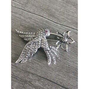 Hummingbird Flower Avon Faux Marquisite Purple Rhinestone Silver Tone Vin Brooch